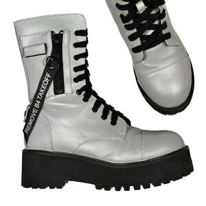 Poster Girl Reflective Combat Flight Boots Ex Reflect Silver Lace-Up Lug Sole 7